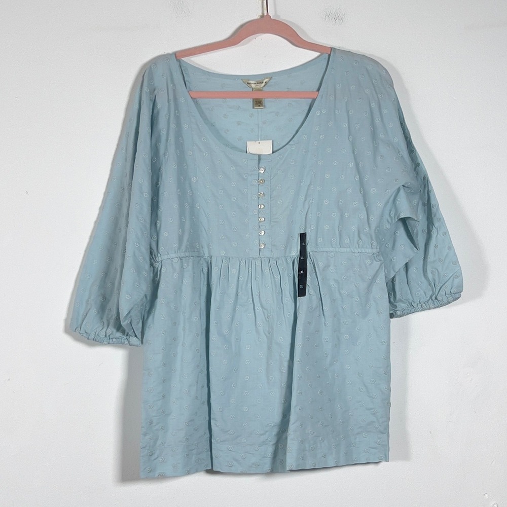 Banana Republic Empire Waist Pullover Top Womens XL Blue Swiss Dot 3/4 Sleeve